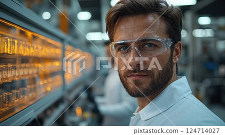 Caucasian male scientist in laboratory wearing safety glasses examines equipment 124714027