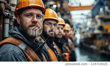Caucasian male workers in safety gear on industrial site 124714028