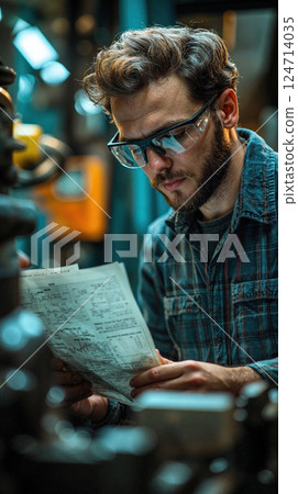 Caucasian young male engineer examining technical documents in industrial setting 124714035