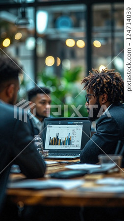 Diverse business team discussing analytics on laptop in modern office space 124714039