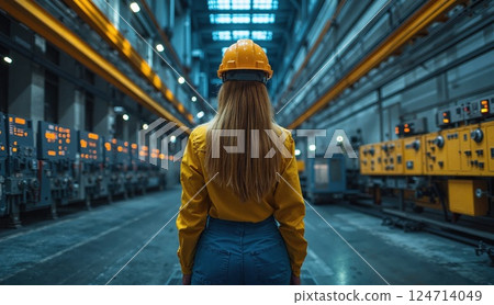 Female engineer in hard hat observing machinery in industrial factory hall 124714049