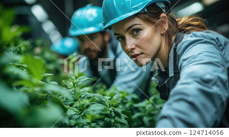 Female worker in hard hat examining plants in indoor farm setting 124714056