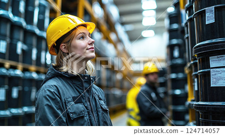 Female worker in industrial warehouse wearing safety gear and observing stacked containers 124714057