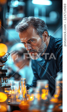Mature caucasian male scientist examining samples in laboratory with intense focus 124714069