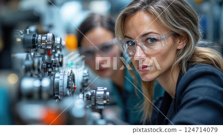 Two caucasian female engineers examining industrial machinery in a workshop setting 124714079