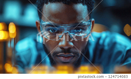Young african male scientist in laboratory with protective eyewear examining experiment 124714083
