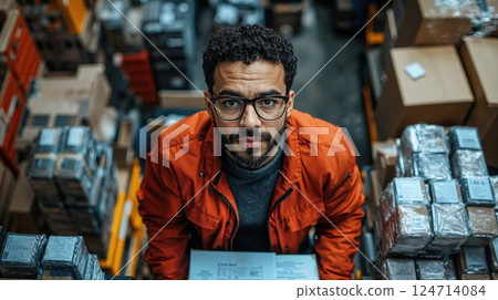 Young african male warehouse worker in orange jacket amongst stacked boxes 124714084