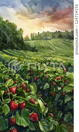 Ripe strawberries on a plant with a misty background and warm sunlight. Generate AI 124714158