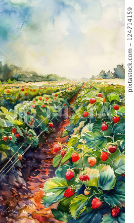 Ripe strawberries on a plant with a misty background and warm sunlight. Generate AI 124714159