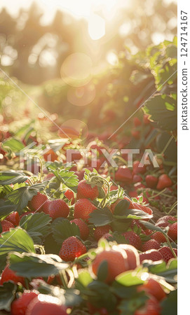 Ripe strawberries on a plant with a misty background and warm sunlight. Generate AI 124714167