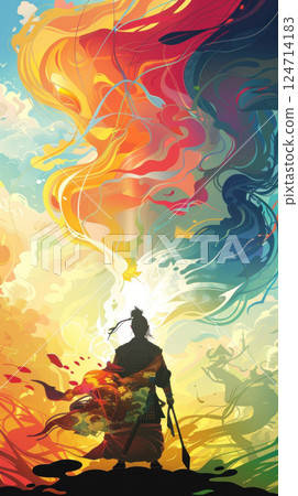 A vibrant digital art piece depicting a samurai silhouette against a vivid sunset. Generate Ai 124714183