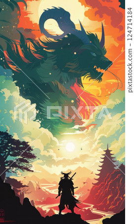 A vibrant digital art piece depicting a samurai silhouette against a vivid sunset. Generate Ai A vibrant digital art piece depicting a samurai silhouette against a vivid sunset. Generate Ai 124714184