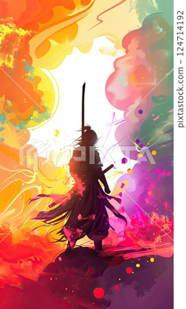 A vibrant digital art piece depicting a samurai silhouette against a vivid sunset. Generate Ai 124714192