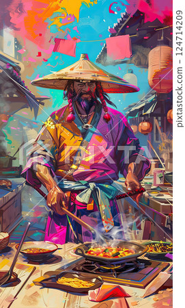 A vibrant digital art piece depicting a samurai silhouette against a vivid sunset. Generate Ai 124714209