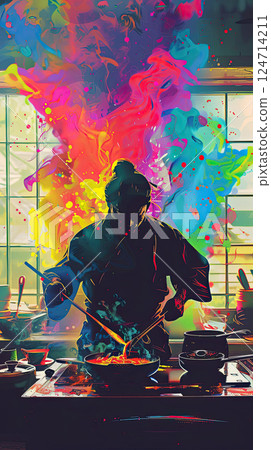 A vibrant digital art piece depicting a samurai silhouette against a vivid sunset. Generate Ai 124714211