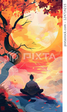 A vibrant digital art piece depicting a samurai silhouette against a vivid sunset. Generate Ai 124714215