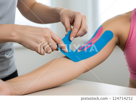 Applying kinesiology tape to a patient's arm for muscle and joint support 124714252