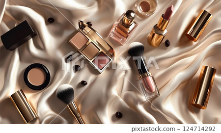 Elegant cosmetic arrangement on silky fabric showcasing beauty products 124714292