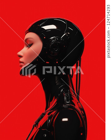 Futuristic black robot mannequin against a vivid red background highlighting modern design elements Futuristic black robot mannequin against a vivid red background highlighting modern design elements 124714293