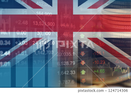 UK United Kingdom flag with stock market finance, economy trend graph digital technology. 124714306