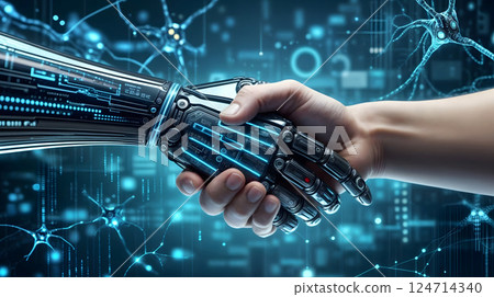 Symbiosis of Intelligence. A human hand clasps a robotic, AI-enhanced hand, symbolizing the merging of human and artificial intelligence. Symbiosis of Intelligence. A human hand clasps a robotic, AI-enhanced hand, symbolizing the merging of human and artificial intelligence. 124714340