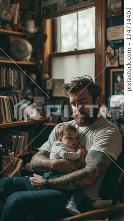 Cozy moment in book-filled vintage room - father embracing child in warm home library setting 124714401