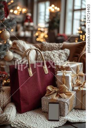 Cozy christmas living room with gift bags and presents decorated with glittering lights and ornaments 124714403