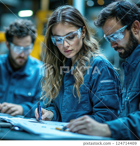 Collaborative industrial teamwork in engineering workshop with protective gear and technical planning 124714409