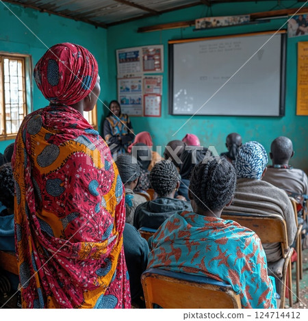 Community education workshop in vibrant traditional attire focuses on empowering learning experience 124714412