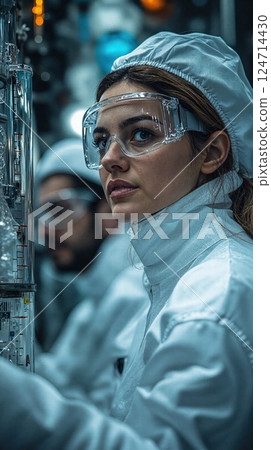 Female scientist in laboratory gear analyzing data in high-tech research facility 124714430