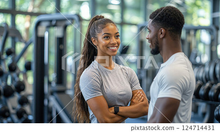 Fitness enthusiasts engaging in lively gym conversation amidst modern exercise equipment 124714431