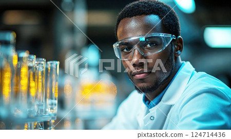 Focused scientist in laboratory: innovation, discovery, research, science progress for future solutions 124714436