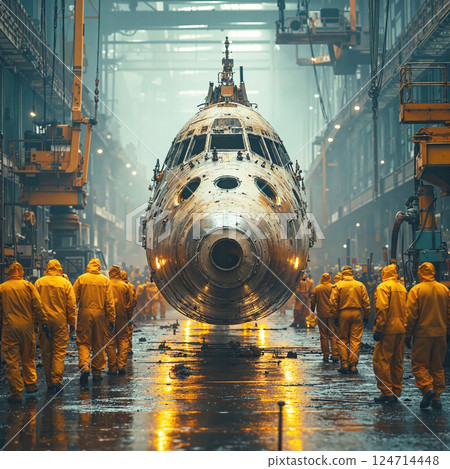 Industrial dystopian scene with rusty aircraft and workers in yellow hazmat suits in factory setting Industrial dystopian scene with rusty aircraft and workers in yellow hazmat suits in factory setting 124714448