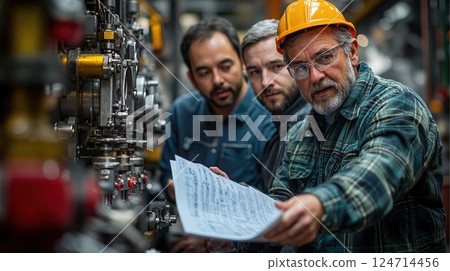 Industrial teamwork: engineers analyzing mechanical blueprints in factory setting 124714456