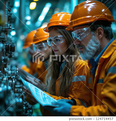 Industrial teamwork: engineers in orange safety gear analyzing machinery operations for efficient production 124714457