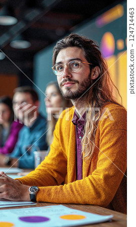 Innovative team meeting: creative professional in focus with modern tech background 124714463