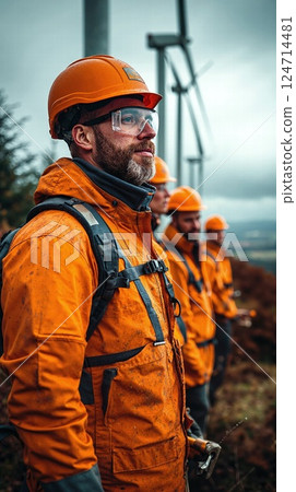 Renewable energy engineers in orange gear at wind farm on overcast day 124714481