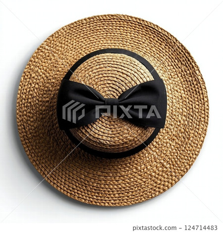 Rustic straw hat with elegant black bow for summer fashion and stylish accessories 124714483