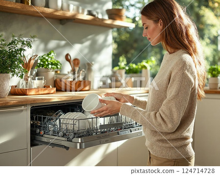Morning routine serenity: unloading dishwasher in sunlit kitchen with wooden accents 124714728