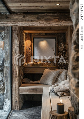 Cozy rustic retreat with warm lighting and natural elements for relaxation 124714751