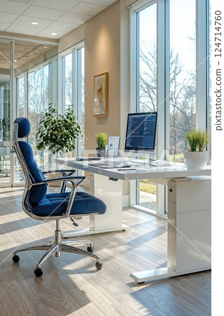 Modern sunlit workspace with ergonomic chair and programming setup 124714760