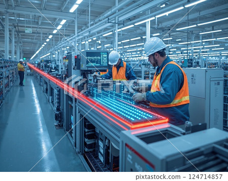 Modern industrial automation: engineers in high-tech manufacturing facility with led technology and robotics Modern industrial automation: engineers in high-tech manufacturing facility with led technology and robotics 124714857