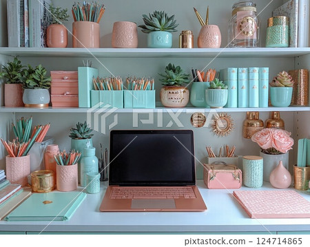 Chic pastel home office setup with succulent decor for creative inspiration and productivity 124714865