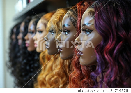 Diverse fashion wigs display featuring vibrant hair colors and stylish textures for modern beauty trends Diverse fashion wigs display featuring vibrant hair colors and stylish textures for modern beauty trends 124714876