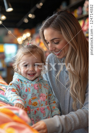 Joyful mother-daughter shopping adventure in vibrant baby clothing store Joyful mother-daughter shopping adventure in vibrant baby clothing store 124714882