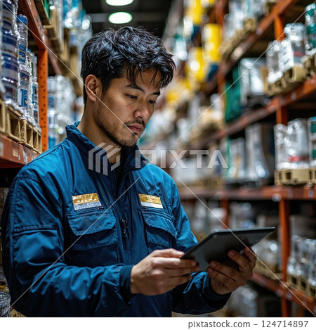 Modern warehouse management: focused worker using digital tablet in organized storage facility 124714897