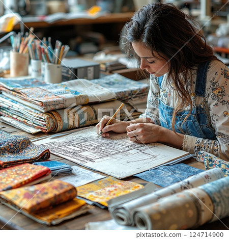 Creative textile designer crafting detailed fabric patterns in a rustic studio setting 124714900