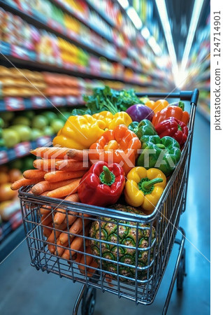 Vibrant grocery shopping experience with fresh produce and colorful vegetables in a busy supermarket aisle 124714901