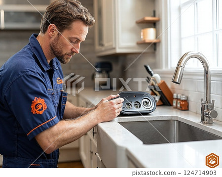 Professional kitchen appliance repair in modern home interior setting 124714903
