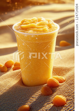Refreshing summer mango smoothie on sandy beach at sunset perfect for tropical getaways and relaxation themes 124714904